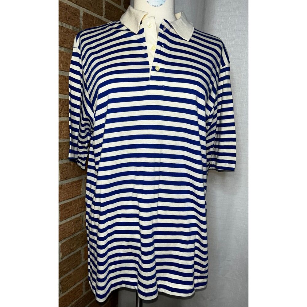 Cricket 100% Cotton Size Large Striped Polo Shirt Navy & White • Unisex Classic